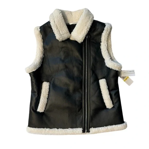Sanctuary Black Cream Faux Sherpa Trimmed Vegan Leather Vest Medium - Picture 1 of 14